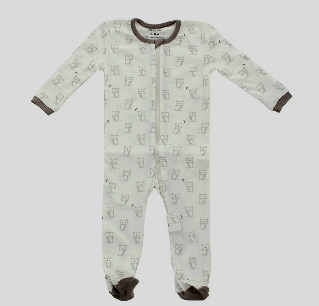 Organic Cotton Footed Sleeper - Silver cloud owl print