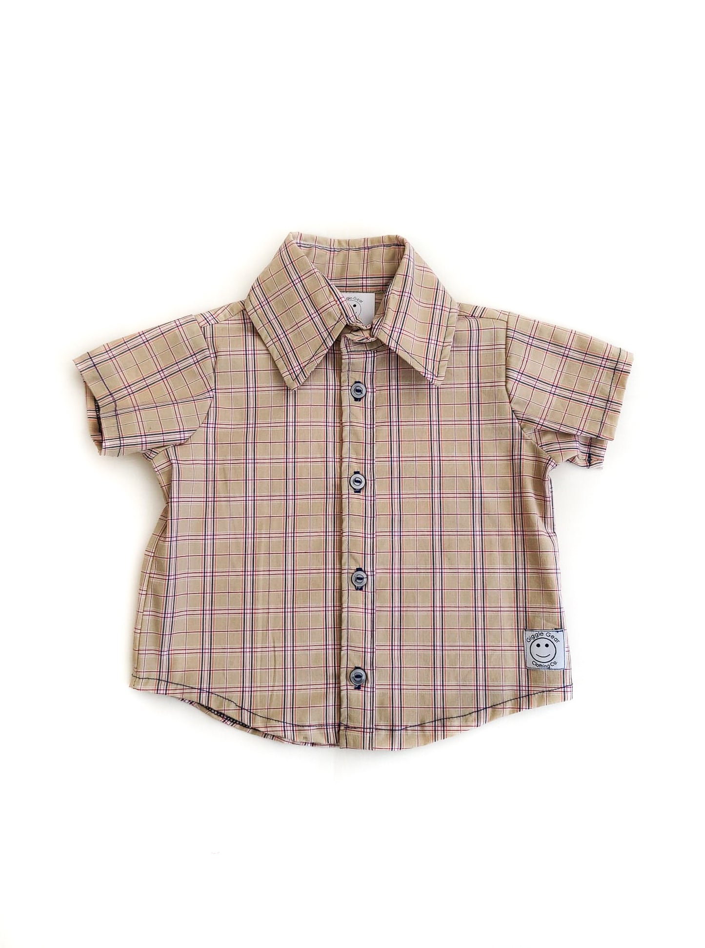 Collared Short Sleeve Tan Plaid Shirt