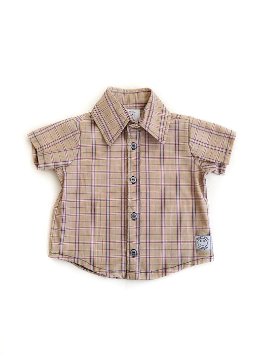 Collared Short Sleeve Tan Plaid Shirt