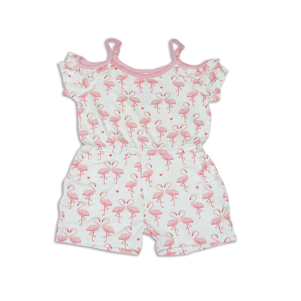Bamboo Cold Shoulder Romper-Flamingo Love