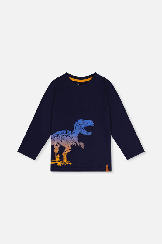 Long-sleeved T-shirt in dark blue and orange organic cotton