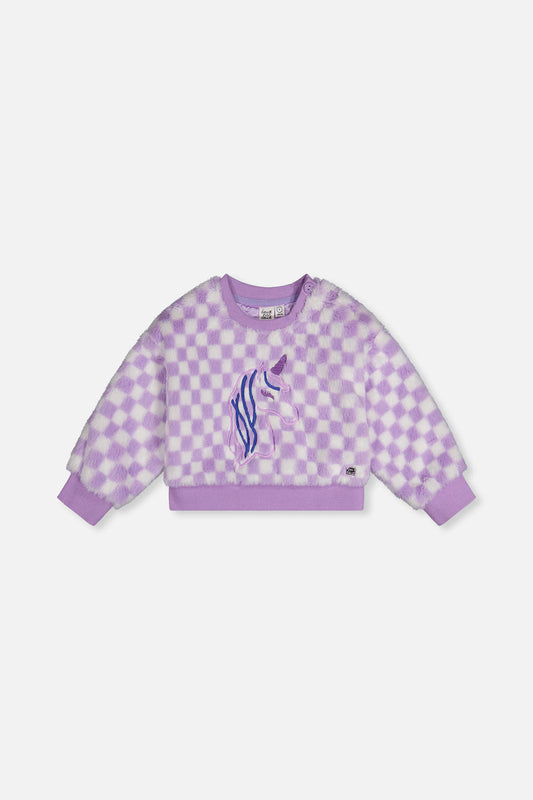 Lilac and white checkered faux fur top