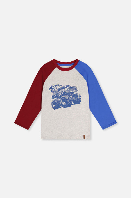 Heather grey, red and blue raglan t-shirt
