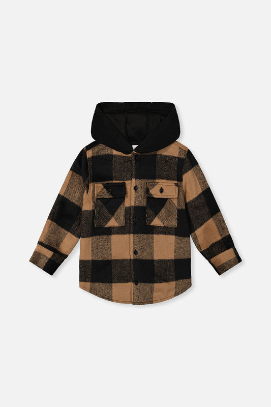 Brown and black checkered flannel shirt with hood