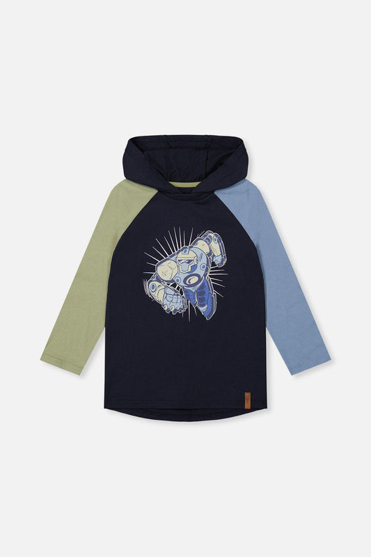 Dark blue and green hooded raglan T-shirt
