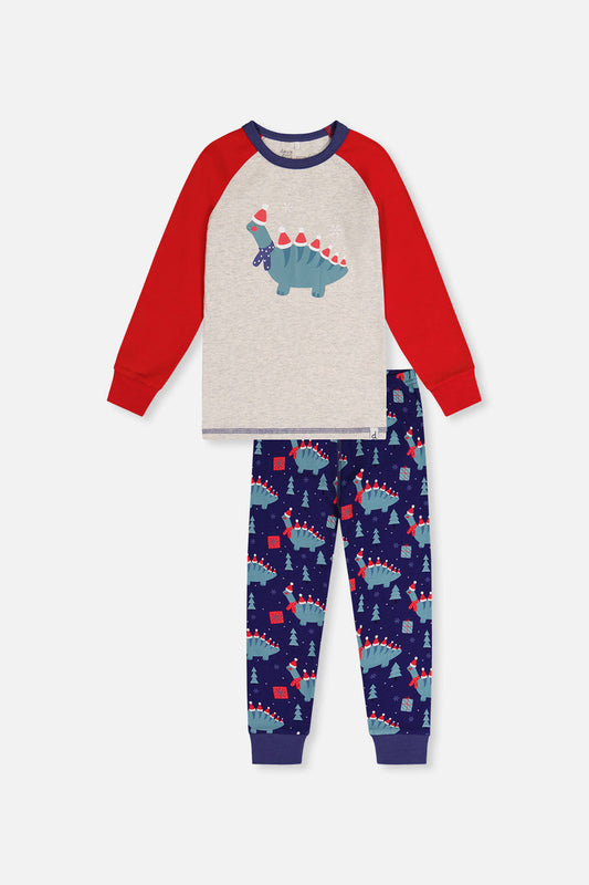 Two-piece pyjamas in blue organic cotton with dinosaur print