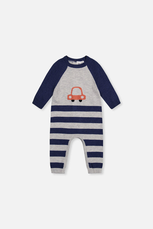 Knit jumpsuit with blue and orange intarsia