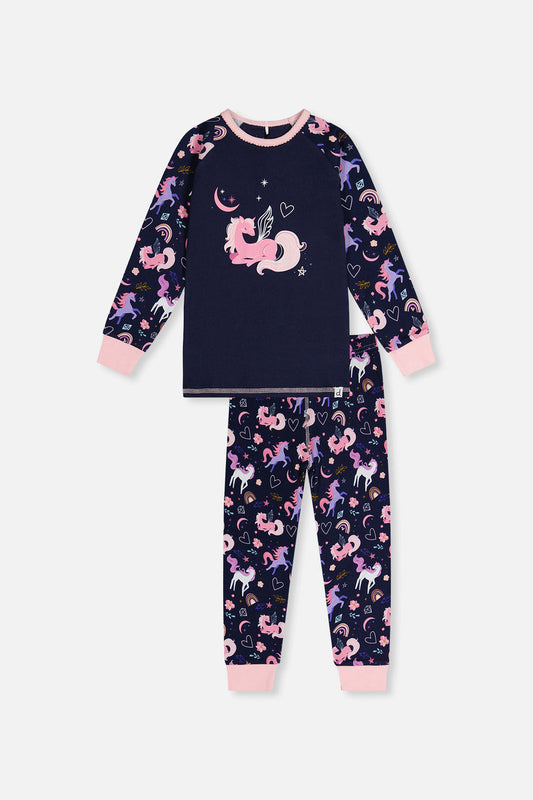 Two-piece pyjamas in purple organic cotton with unicorn print
