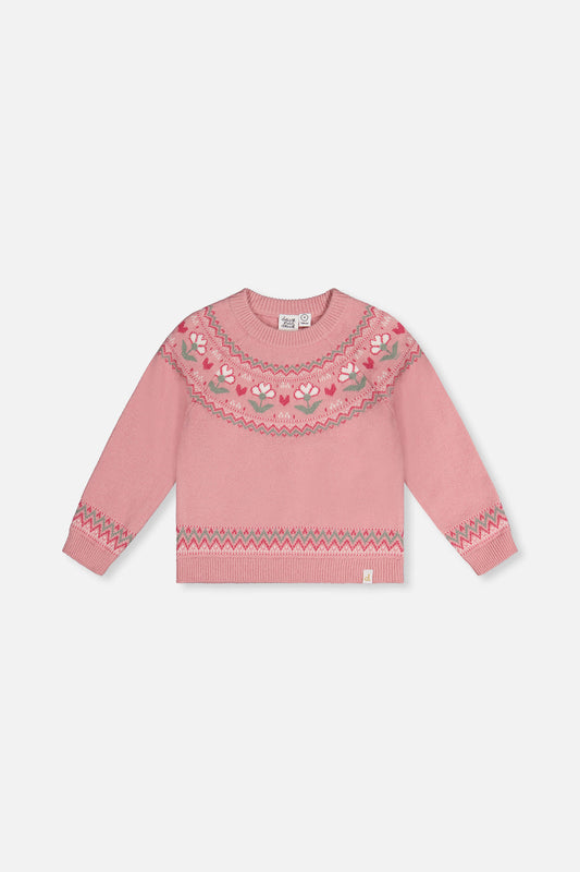 Knit sweater with pale old rose floral jacquard