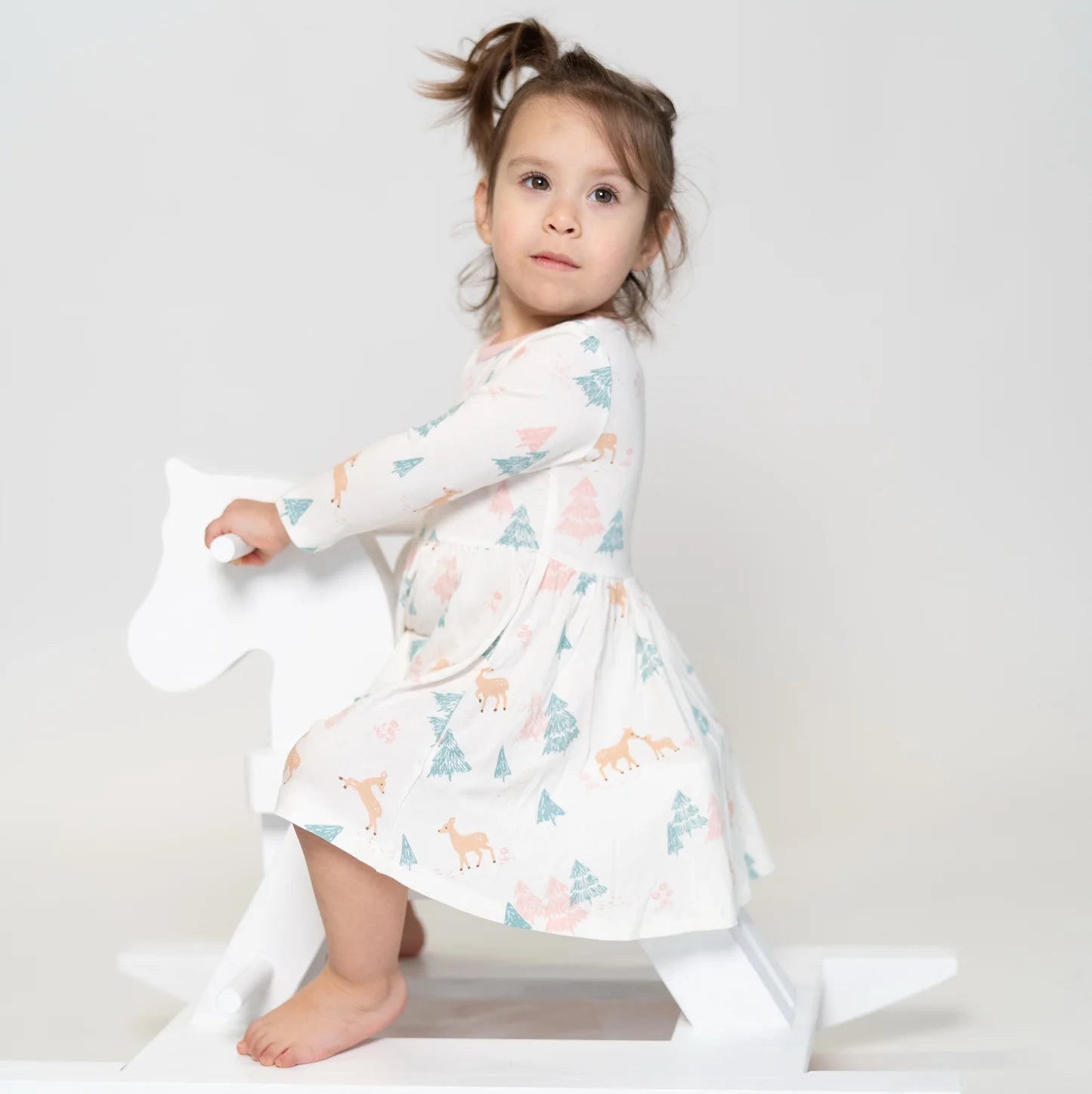 Bamboo Jersey Long Sleeve Twirl Dress (deer forest print )