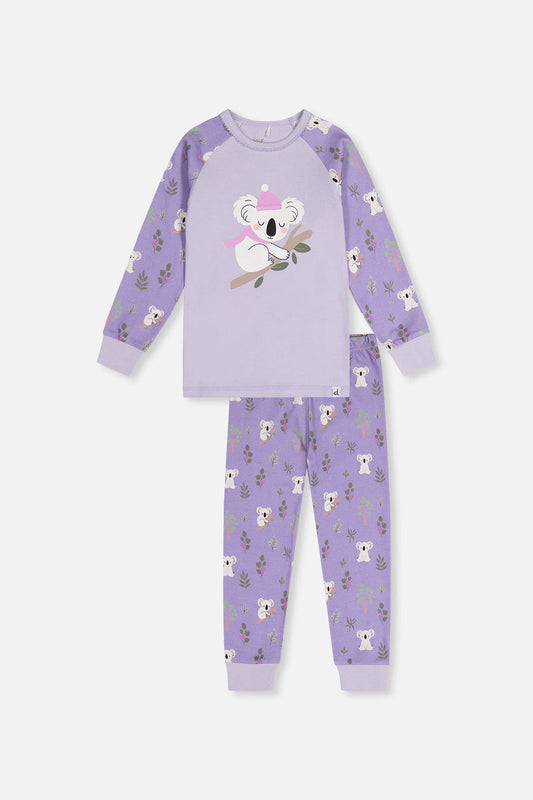 Two-piece pyjamas in purple organic cotton with koala print