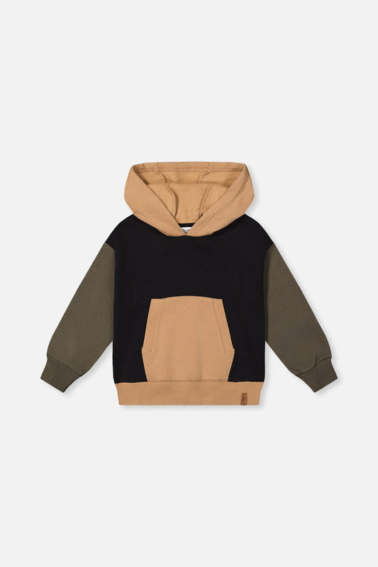 Black, green and beige color-blocked hooded fleece jacket