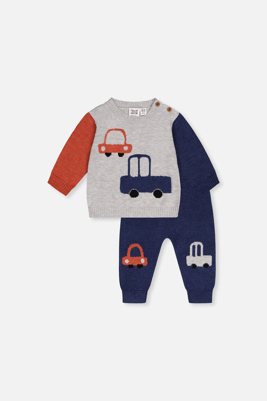 Blue and orange knit top and pants set