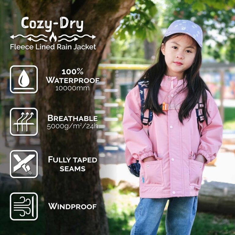 Kids Fleece Lined Rain Jackets | Pink forest