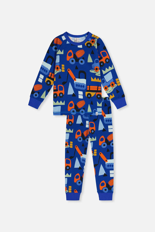 Two-piece pyjamas in blue organic cotton with truck print
