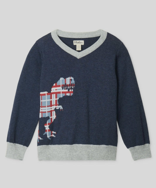 Plaid T-Rex V-Neck Sweater